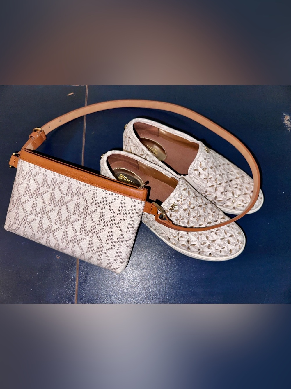 Michael Kors Beige Monogram Crossbody Belt Bag with White Woven Slip-Ons